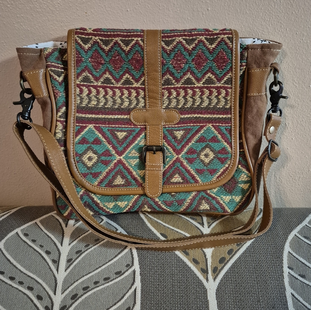 Myra Bag Western Leather Shoulder Canvas Crossbody Electric Ice Turquoise Brown - Picture 15 of 16